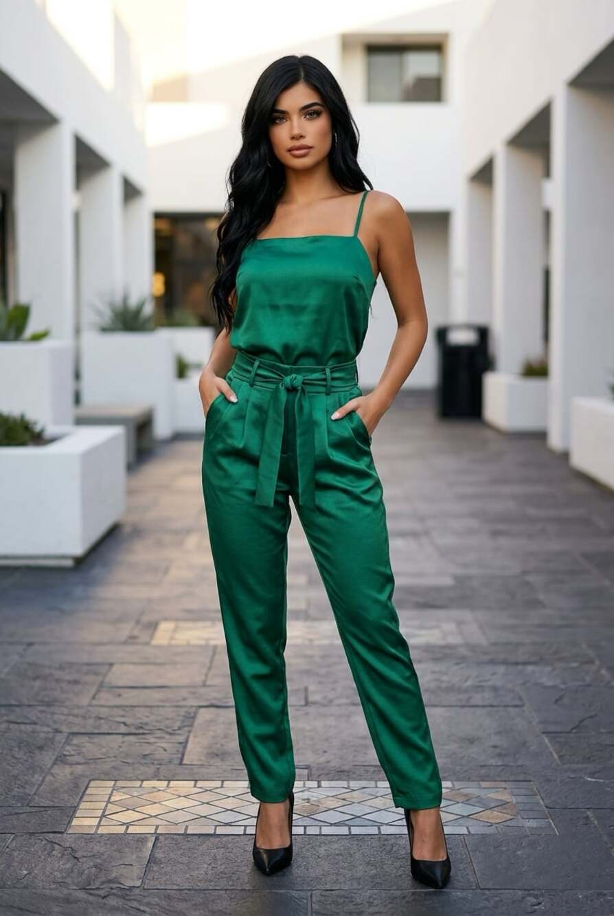 Maje Belted High-Waist Emerald Green Satin Tapered Trousers
